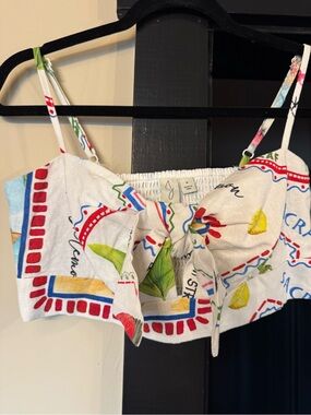 Joie White Tie-Front Crop Top with Colorful Fruit Print